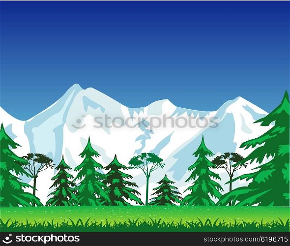 Snow mountains and wood. Beautiful landscape of the mountains with snow and glade with flower