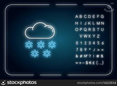 Snow neon light icon. Outer glowing effect. Meteorological forecast, wintertime weather forecast sign with alphabet, numbers and symbols. Cloud with snowflakes vector isolated RGB color illustration. Snow neon light icon