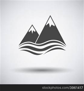 Snow peaks cliff on sea icon on gray background with round shadow. Vector illustration.. Snow peaks cliff on sea icon