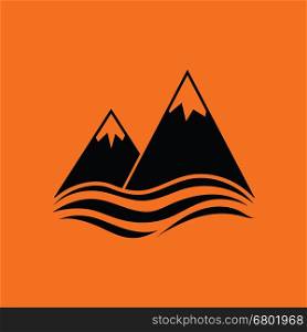 Snow peaks cliff on sea icon. Orange background with black. Vector illustration.