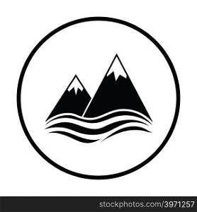 Snow peaks cliff on sea icon. Thin circle design. Vector illustration.