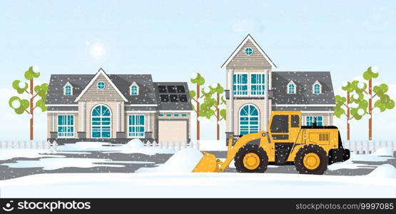 Snow plow truck cleaning snows area streets at village home, winter snow removal, concept modern city buildings, cleaning snow on the village home vector illustration.
