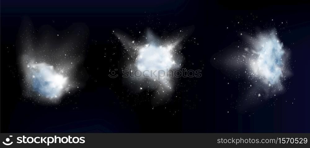 Snow powder white explosion, ice or snowflakes splash clouds, design elements for christmas, new year holidays, winter season promo isolated on dark background. Realistic 3d vector illustration, set. Snow powder white explosion or snowflakes clouds