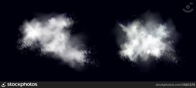 Snow powder white explosion, ice or snowflakes splash clouds, dry dust splashes design elements for christmas, new year holidays promo isolated on black background. Realistic 3d vector illustration. Snow powder white explosion or snowflakes splash