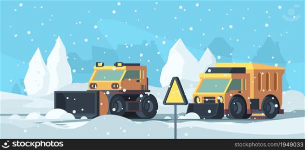 Snow removal. Heavy trucks cleaning urban road from snowstorm vector cartoon background. Illustration snow heavy truck, machine equipment plowing. Snow removal. Heavy trucks cleaning urban road from snowstorm vector cartoon background