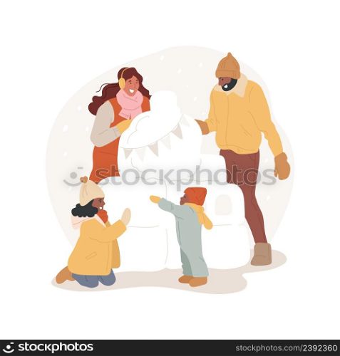 Snow sculpture isolated cartoon vector illustration Family leisure time outdoor, making an ice igloo, kids and parents create a snow sculpture together, winter activity vector cartoon.. Snow sculpture isolated cartoon vector illustration