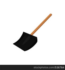 Snow shovel icon in cartoon style isolated on white background. Black snow shovel with a wooden handle. Snow shovel icon, cartoon style