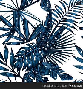 Snow tropical leaves new year christmas print seamless pattern in blue style