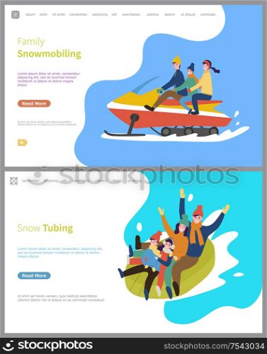 Snow tubing winter activities for family people vector. Snowmobiling, snowmobile with father mother and child, slopes downhill, wintertime season. Snow Tubing Winter Activities for Family People