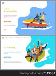 Snow tubing winter activities for family people vector. Snowmobiling, snowmobile with father mother and child, slopes downhill, wintertime season. Snow Tubing Winter Activities for Family People