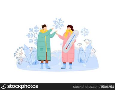 Snow weather flat concept vector illustration. Man and woman in coats 2D cartoon characters for web design. Snowfall for female and male. People in cold temperature. Snow crystal. Winter creative idea