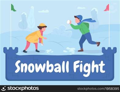 Snowball fight poster flat vector template. Children play games outside on holiday. Brochure, booklet one page concept design with cartoon characters. Winter fun flyer, leaflet with copy space. Snowball fight poster flat vector template