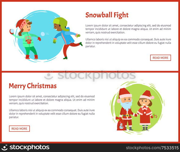 Snowball fights and merry Christmas characters Snow Maiden and Santa Claus. Holidays, children playing snow balls vector. Boy and girl, winter activity. Snowball Fights and Merry Christmas Characters