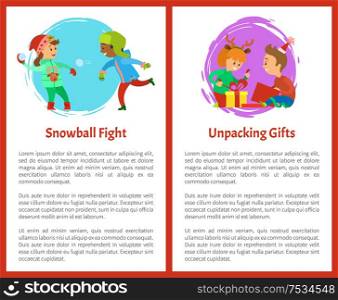 Snowball fights and unpacking gifts postcards. Christmas holidays, children opening presents. Boy and girl playing with snow outdoors vector posters. Snowball Fights and Unpacking Gifts Postcards