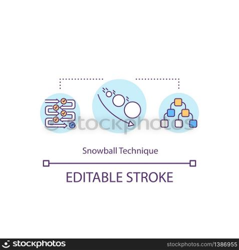 Snowball technique concept icon. Research strategy. Sociological survey. Idea generation. Snowball sampling idea thin line illustration. Vector isolated outline RGB color drawing. Editable stroke. Snowball technique concept icon