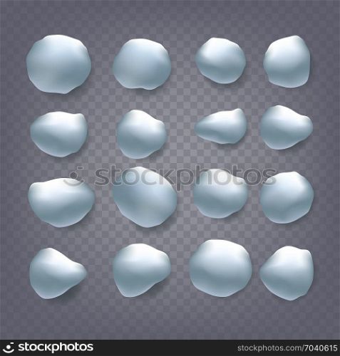 Snowballs Set Vector. Snowballs, Snowdrift. New Year Winter Ice Element. Realistic Snow Caps. Isolated On Transparent Background Illustration. Snowballs Vector. Holidays Christmas Design. Strewn Snow. Frozen Ice. Snow Cap. Snowball. Isolated On Transparent Background Illustration