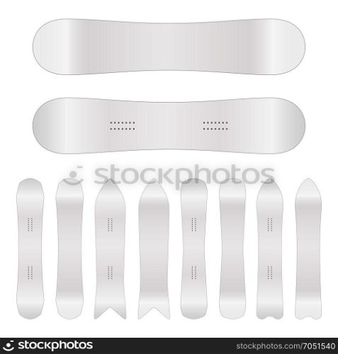 Snowboard Blank Vector. Empty Clean White Snowboards Template. Front, Back Sides. Isolated Illustration. Ski Resort Travel. Snowboard Realistic Blank Set Vector. Empty Clean White Snowboards Template. Front, Back Sides. Different Types. Isolated Illustration