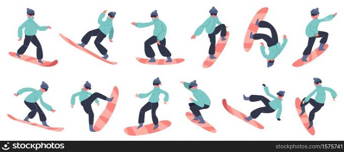 Snowboard character. Young male snowboarder jump on mountain, winter extreme snow activity, fitness snowboard rider vector illustration icons set. Winter snowboard, snowboarder extreme. Snowboard character. Young male snowboarder jump on mountain, winter extreme snow activity, fitness snowboard rider vector illustration icons set