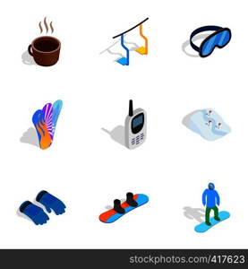 Snowboard equipment icons set. Isometric 3d illustration of 9 snowboard equipment vector icons for web. Snowboard equipment icons set, isometric 3d style