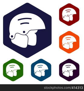 Snowboard helmets icons set rhombus in different colors isolated on white background. Snowboard helmets icons set