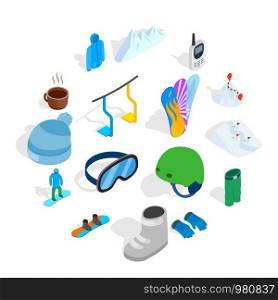Snowboard icons set in isometric 3d style isolated on white background. Snowboard icons set, isometric 3d style