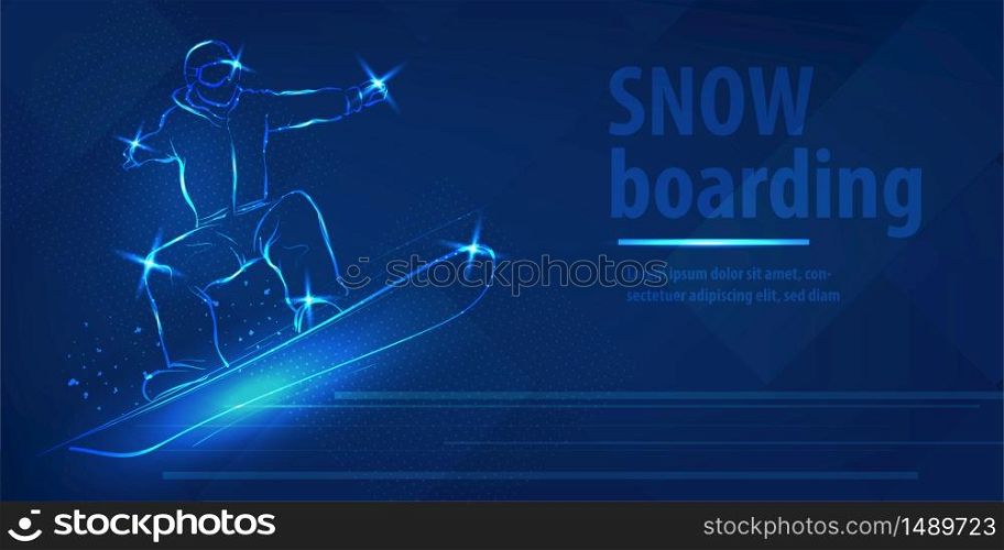 Snowboard man figure jumping sport. Blue neon horizontal banner. Olympic winter games. Snowboard man speed action. Man extreme figure skating. Snow board blue neon winter sport vector background.. Snowboard man figure jumping sport blue neon banner