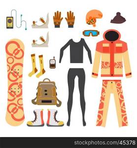 Snowboard sport clothes and tools elements. Flat cartoon vector illustration