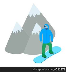 Snowboarder icon isometric vector. Sportsman on background of snowy mountain. Winter sport, hobby, active recreation. Snowboarder icon isometric vector. Sportsman on background of snowy mountain