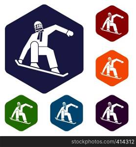 Snowboarder icons set rhombus in different colors isolated on white background. Snowboarder icons set