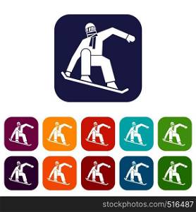 Snowboarder icons set vector illustration in flat style in colors red, blue, green, and other. Snowboarder icons set