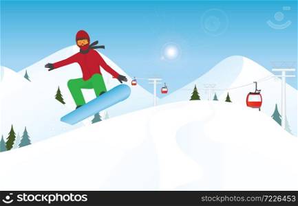 Snowboarder jumping through air against blue sky, Winter sport and recreation,winter holiday vacation and concept vector illustration.