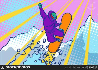 snowboarder jumping, winter sports, active lifestyle. Comic cartoon style pop art illustration vector retro. snowboarder jumping, winter sports, active lifestyle
