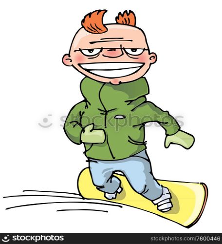 Snowboarder. Naughty cartoon snowboarder in the blue pants and the green jacket..