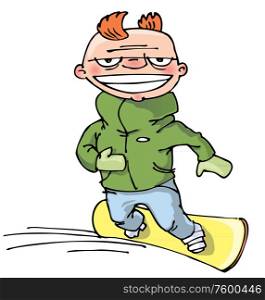 Snowboarder. Naughty cartoon snowboarder in the blue pants and the green jacket..
