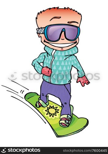 Snowboarder. The funny cartoon snowboarder in the violet pants and the blue jacket..