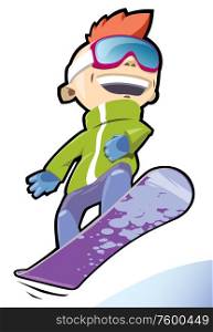 Snowboarder. The funny cartoon snowboarder in the violet pants and the green jacket..