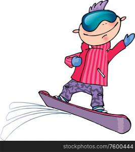 Snowboarder. The funny cartoon snowboarder in the violet pants and the pink jacket..