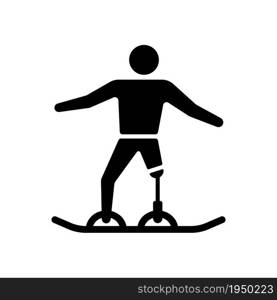 Snowboarding black glyph icon. Sportsman slide down from slope. Winter sport discipline. Athlete with physical disability. Silhouette symbol on white space. Vector isolated illustration. Snowboarding black glyph icon