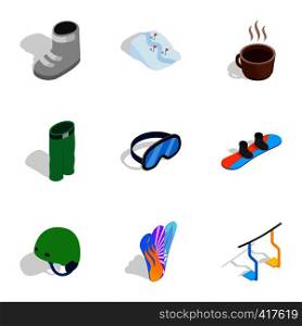 Snowboarding elements icons set. Isometric 3d illustration of 9 snowboarding elements vector icons for web. Snowboarding elements icons set