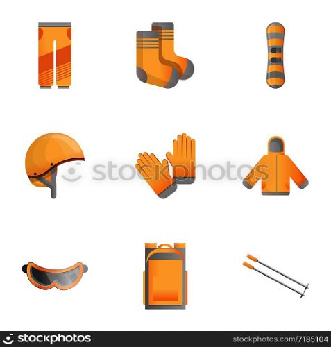 Snowboarding equipment icon set. Cartoon set of 9 snowboarding equipment vector icons for web design isolated on white background. Snowboarding equipment icon set, cartoon style