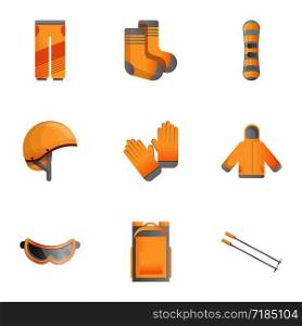 Snowboarding equipment icon set. Cartoon set of 9 snowboarding equipment vector icons for web design isolated on white background. Snowboarding equipment icon set, cartoon style