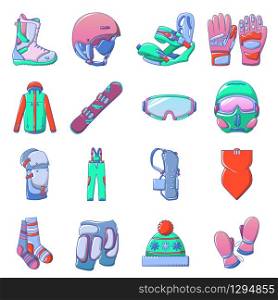 Snowboarding equipment icons set. Cartoon set of snowboarding equipment vector icons for web design. Snowboarding equipment icons set, cartoon style