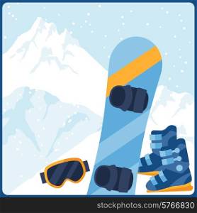 Snowboarding equipment on background of mountain landscape.