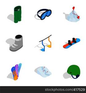 Snowboarding extreme sport icons set. Isometric 3d illustration of 9 snowboarding extreme sport vector icons for web. Snowboarding extreme sport icons set