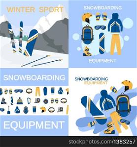 Snowboarding gear banner set. Flat illustration of snowboarding gear vector banner set for web design. Snowboarding gear banner set, flat style