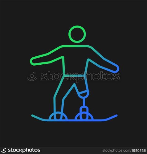 Snowboarding gradient vector icon for dark theme. Winter sport discipline. Athlete with physical disability. Thin line color symbol. Modern style pictogram. Vector isolated outline drawing. Snowboarding gradient vector icon for dark theme