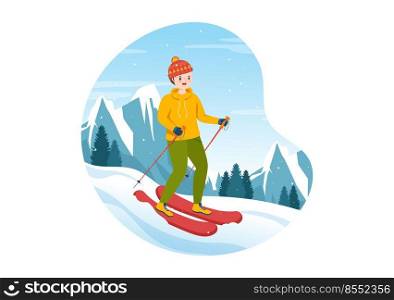 Snowboarding Hand Drawn Cartoon Flat Illustration of People in Winter Outfit Sliding and Jumping with Snowboards at Snowy Mountain Sides or Slopes