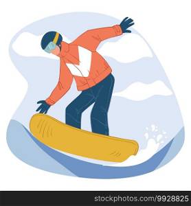 Snowboarding hobby, character on snowy slope. Extreme sports and active lifestyle, downhill and freeride. Wintertime competition or challenge. Dangerous sportive training. Vector in flat style. Winter extreme sports and outdoors activities