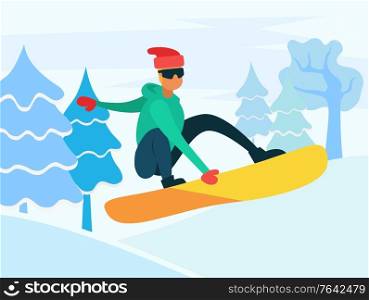 Snowboarding hobby winter recreation of character jumping on board. Landscape with hills and pine trees. Activities in cold season of year. Personage wearing warm clothes hat and gloves vector. Snowboarding Extreme Winter Sports, Hobby of Man