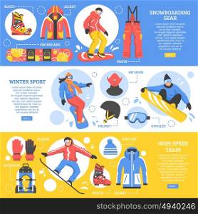 Snowboarding Horizontal Banners. Snowboarding horizontal banners with advertising of gear and tools for extreme winter sports flat vector illustration